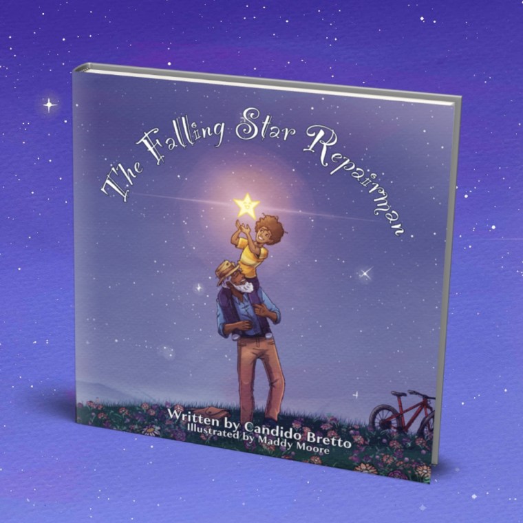 Book cover of 'The Falling Star Repairman' featuring an illustration of a child holding a star on top of an adult's shoulders, set against a starry background.