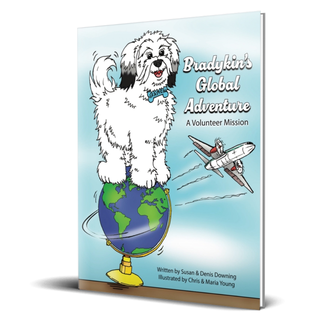 Cover of the children's book 'Bradykin's Global Adventure' featuring a cartoon dog standing on a globe, with airplanes flying in the background.