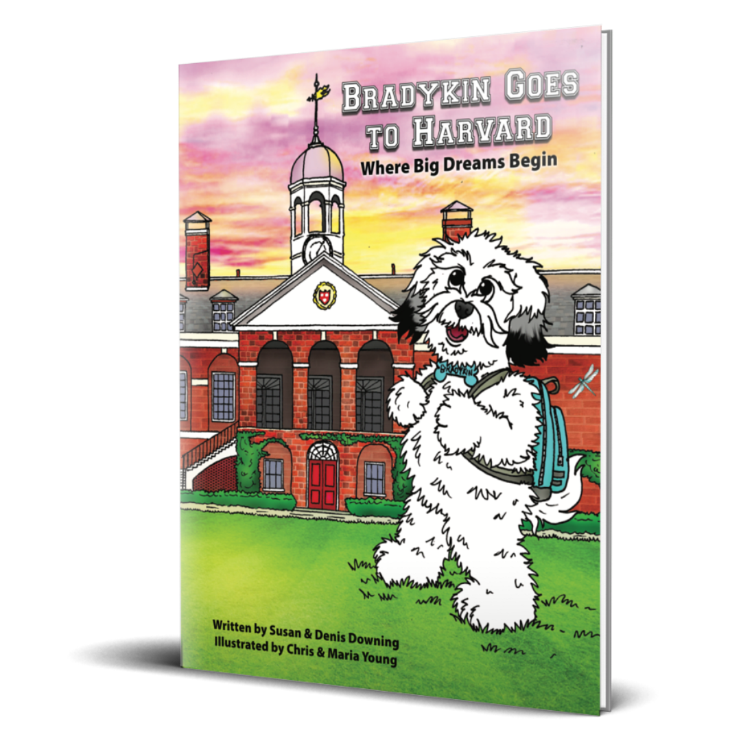 Illustrated book cover of 'Bradykin Goes to Harvard: Where Big Dreams Begin', featuring a cartoon dog with a backpack in front of a Harvard-like building.
