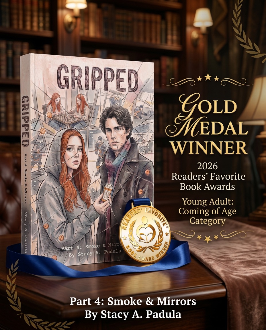 Book cover of 'Gripped' by Stacy A. Padula, featuring two characters engaged in chess, with an illustrated style. The cover indicates it's the winner of the 2026 Readers' Favorite Book Awards in the Young Adult: Coming of Age category.
