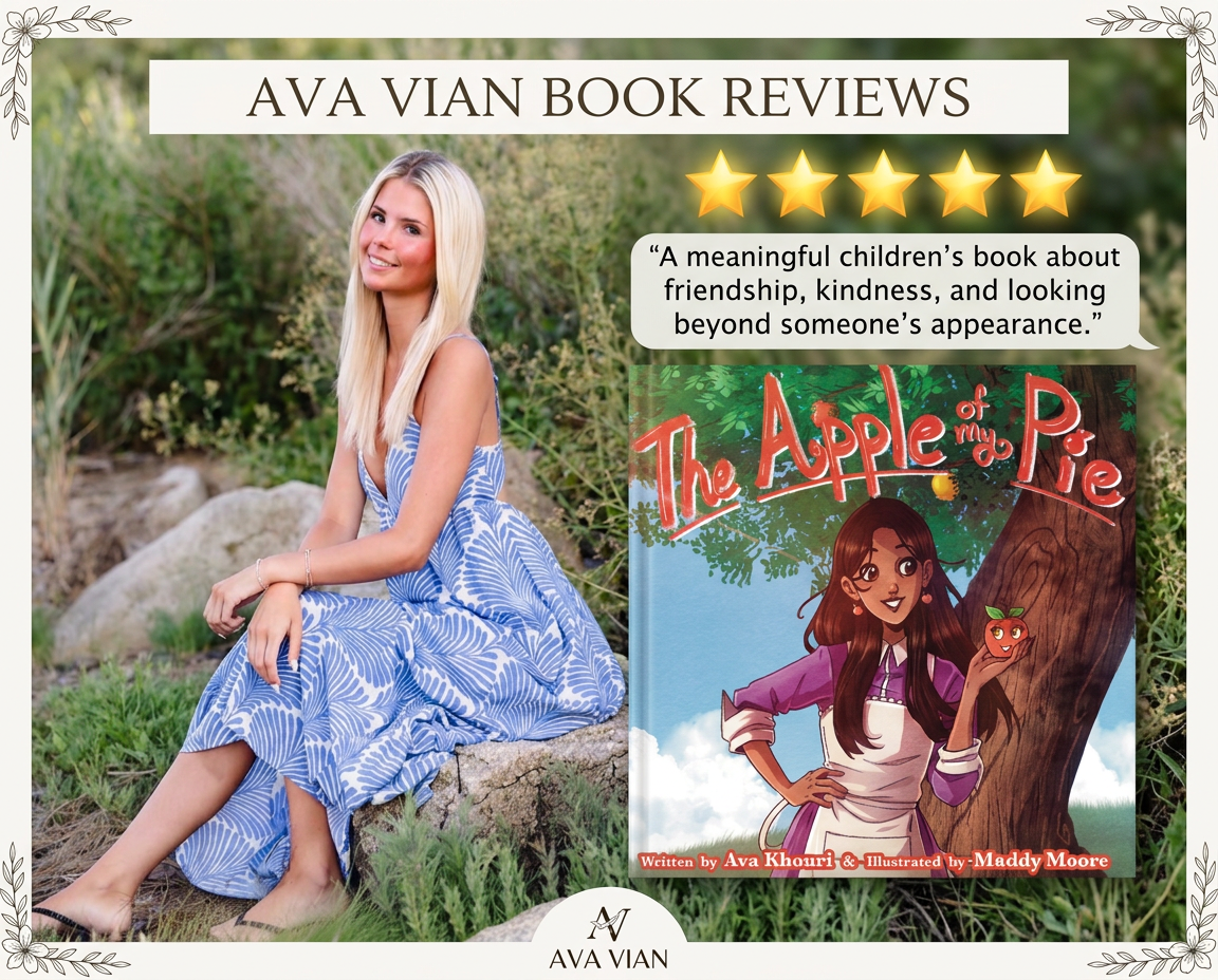 A young woman in a blue patterned dress sits on a rock in a natural setting, smiling. Beside her is a book cover titled 'The Apple of my Pie', featuring a girl with an apple, along with a quote praising the book for its themes of friendship and kindness.